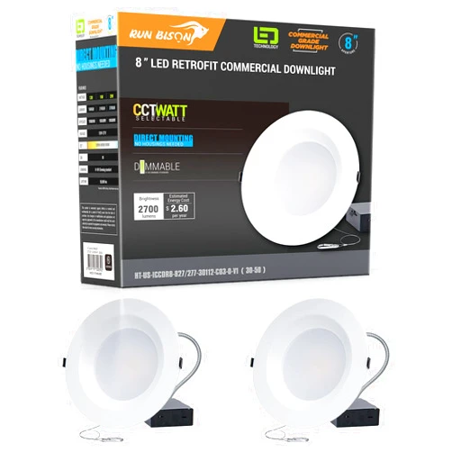 Run Bison 8 Inch Recessed LED Commercial Downlight with J-Box, Wattage Adjustable 16/21/27W,3 Color Selectable 3000K-5000K, 120-277V,0-10V Dimmable, IC Rated,Canless LED Downlight-2 Pack