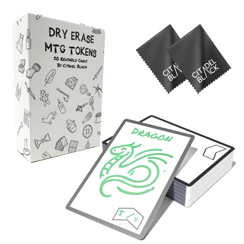 Citadel Black Dry Erase MTG Tokens Set of 50 Cards – with 2pcs Erasers, Reversible Reusable Double-Sided Universal Tokens Proxy Card, MTG TCG