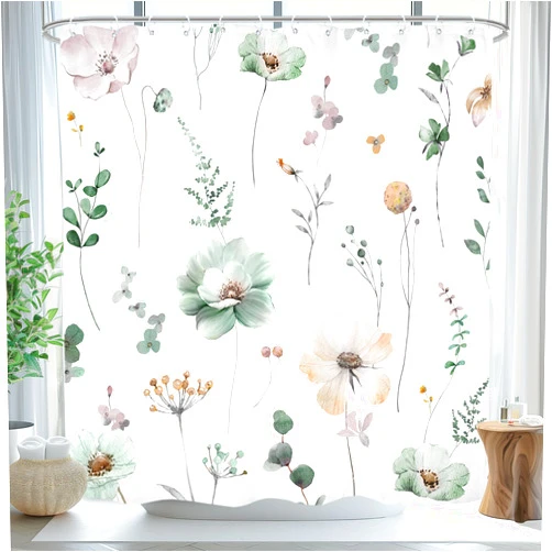 Omifly Green Boho Floral Leaf Shower Curtain 72Wx72H Inch Bohemian Watercolor Flowers Wildflower Plants Botanical Botanic for Women with 12 Plastic Hooks Fabric Waterproof Toilet Accessories Decor
