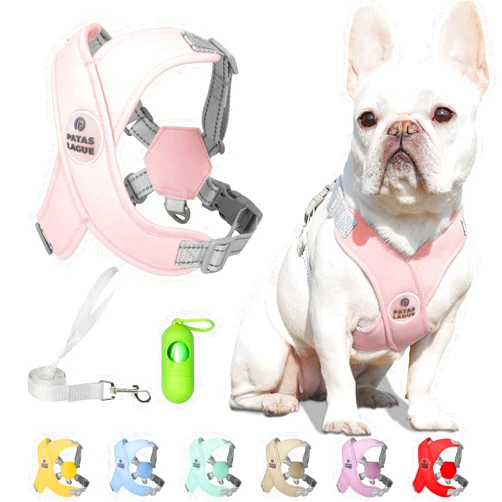 Patas Lague Dog Harness with Leash Set Adjustable Soft Padded Step-in Dog Vest No Choke No Pull Reflective for Small Medium Dogs with Poop Bags and Dispenser, Solid and No-chew, Pink M
