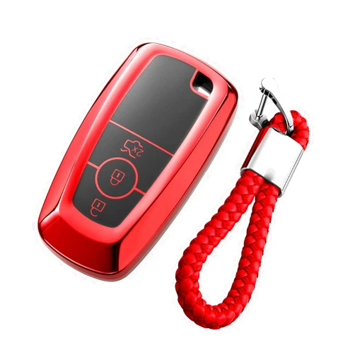 M.JVisun Soft TPU Case Key Fob Cover For Ford Bronco Ecosport Edge Escape Expedition Explorer F150 F250 F350 F450 F550 Fusion Maverick Mondeo Mustang Ranger Car Key - Glossy Red - Braided Keychain