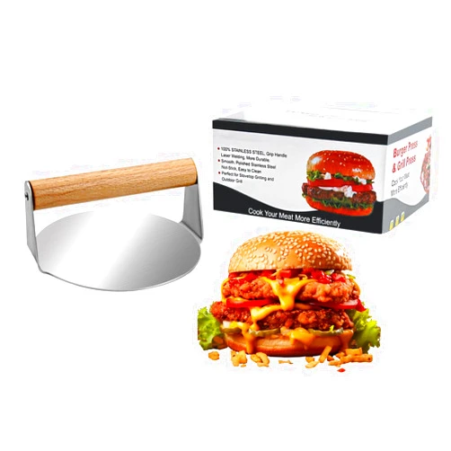Glowki Burger Press Round Stainless, Wood & Anti - Scald Handles, 5.51