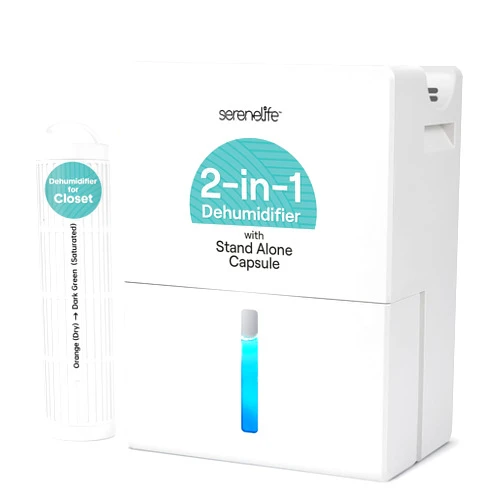 SereneLife 2-in-1 91 Oz Dehumidifier For Home, Bedroom, Bathroom, Basement with Removable Cylinder & Drying Base, Timer, Sleep Mode, & Smart Humidity Control, Covers 1200 Sq Ft 9 x 6 x 13 in, White