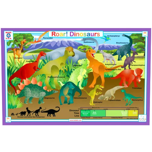 Tot Talk Roar Dinosaur Educational Placemat for Kids – Made in USA – Durable, Double-Sided, Dinosaur Learning Placemat with Facts, Phonics & Coloring – Waterproof, Wipeable, 17.5” x 11.5”