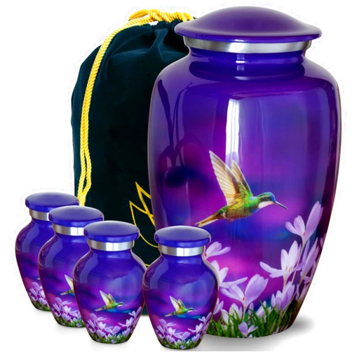 Olivia Memorials Large Purple Hummingbird Urn - with 4 Small Keepsakes