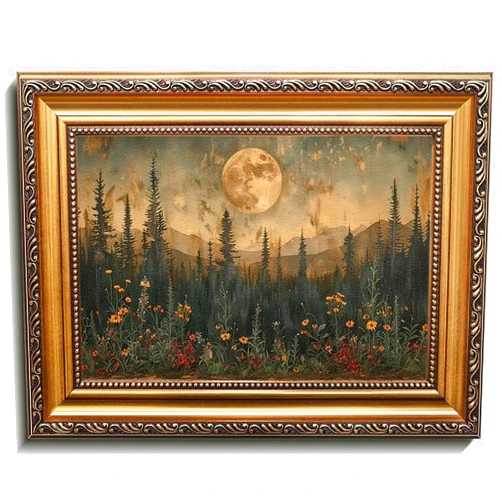 GUBIYU Vintage Golden Framed Canvas Moon Forest Wall Art Prints Dark Academic Moody Nature Landscape Forest Paintings Wall Decor Woodland Wildflower Picture Artwork for Bedroom Nursery Room 12