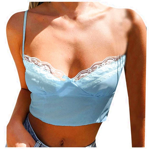 Womens shirts Womens Crop Top Sexy, Women's Crop Top Lace V Neck Spaghetti Stretchy Camisole Strap Tank Top Soft Vest Shirt Summer Top Small Z-j-blue