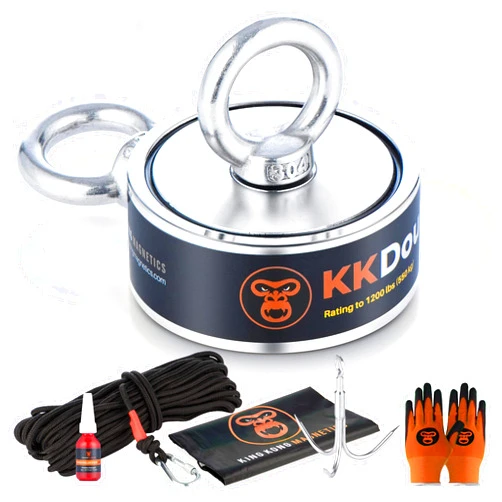 King Kong Magnetics 1200 lbs Pulling Force Magnet Fishing Kit - 3 inch Strong Neodymium Fishing Magnets-Gloves, Nylon Rope, Hook, A Bag, Thread Locker & Carabiners Included, Double Sided