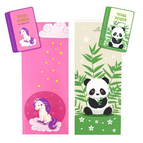 ABTECH Yoga Mat for Kids Bundle - Unicorn Design for Girls and Panda Design for Girls and Boys with 12 Yoga Cards and Carrier Bag, Ages 3-12