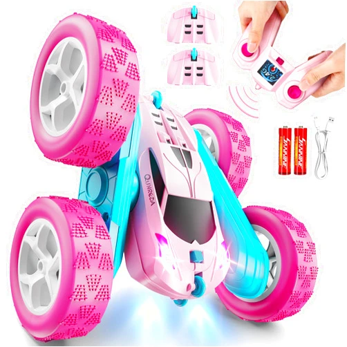 QUNREDA RC Cars, Pink Remote Control Car for Girls, 2.4 GHZ Double Sided RC Stunt Car 360° Rotating Remote Control Crawler with Headlights Car Toys for 6 7 8 9 10 11 12 Girls Birthday