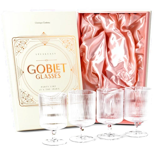 GLASSIQUE CADEAU Vintage Art Deco Ribbed Goblet Cocktail Glasses with Stem | Set of 4 | 10 oz Short Stemmed Crystal Tumblers for Drinking Classic Whiskey, Gin, Vodka Bar Drinks