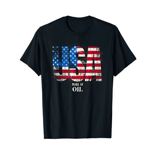 Tee Master U.S.A. 'made' in Oil, funny political design, USA oil flag T-Shirt