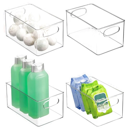 mDesign Plastic Storage Organizer Wide Container Bin with Handles for Bathroom, Home Organization - Holds Vitamins, Supplements, Makeup, Styling Tools - Ligne Collection - 4 Pack - Clear