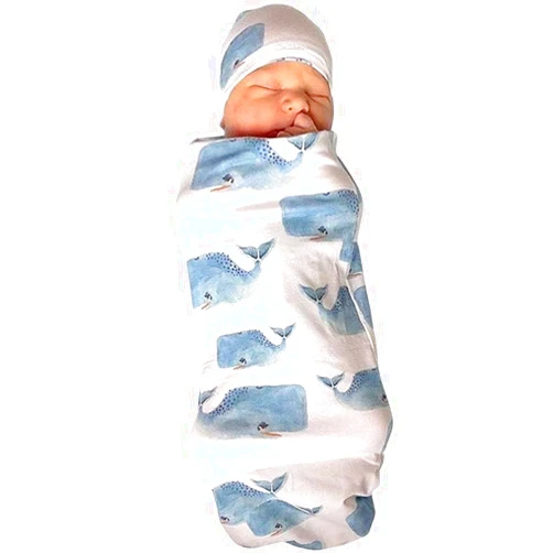 COLOOM Newborn Infant Baby Sleeping Bag & Hat Cap Shark Print Baby Receiving Blanket Set (Whale, 0-12 Months)