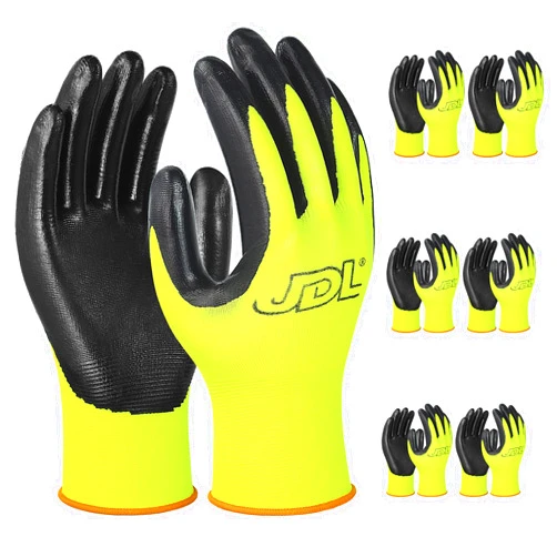JDL Large Green Nitrile Coated Protective Gloves, Pack of 6