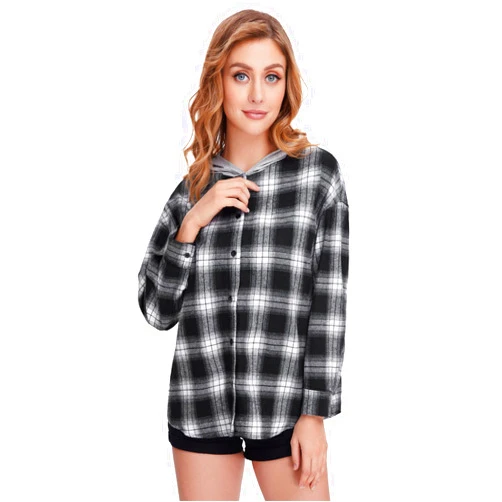 WDIRARA Women's Plaid Button Front Hooded Long Sleeve Shirt Casual Tops Hoodie