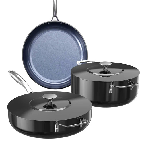 Nuwave Essential Series 5PC Ceramic Cookware Set PFAS-Free, G11 Duralon Blue Coating, Pots and Pans Set Non Stick, Diamond Scratch-Resistant,Stay-Cool Handle, Metal Lid,Induction Ready,Dishwasher Safe