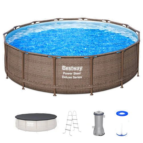 Bestway Power Steel 14’ x 42” Round Above Ground Outdoor Backyard Swimming Pool Set with 1,000 GPH Filter Pump, Ladder, and Pool Cover