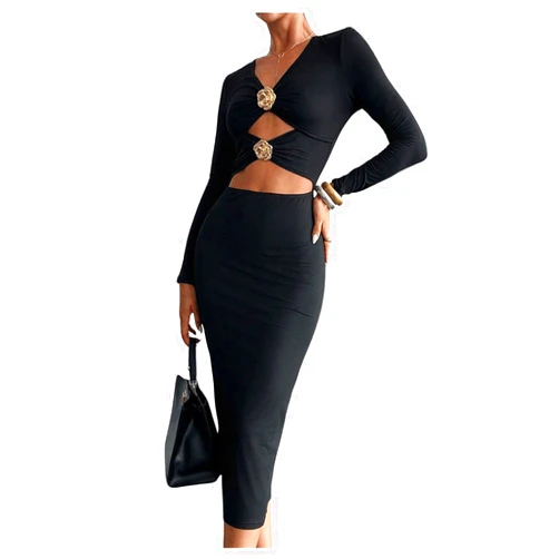 GORGLITTER Women's Flower Long Sleeve Cut Out Midi Dress V Neck Fall Casual Cocktail Formal Going Out Bodycon Dresses