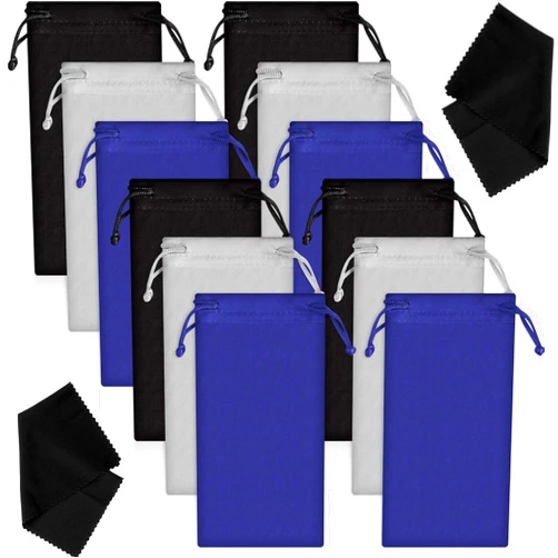 Frienda 12 Pieces Microfiber Pouch Case Bag Microfiber Glasses Sunglasses Case Soft Sunglasses Pouch with Eyeglass Cleaning Cloth (Black, Gray and Blue)