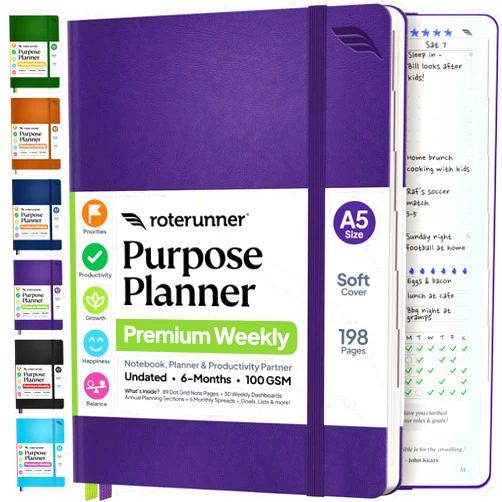 Roterunner Purpose Planner Notebook A5 5.8”x8.3” Undated 2026 Daily Weekly and Monthly Productivity Goal Setting Tool for Work Home ADHD Planner for Adults Self Care Journal (Purple Softcover)