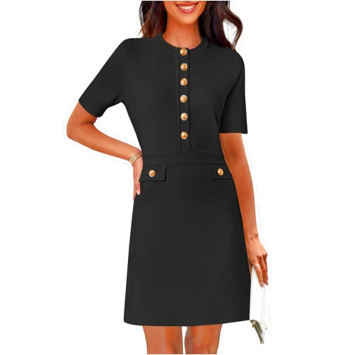 MEROKEETY Women's Knit Bodycon Sweater Dress Button Short Sleeve Crew Neck Elegant Formal Mini Dress