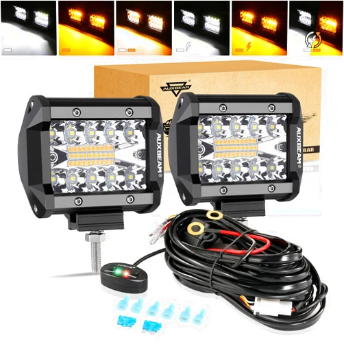 Auxbeam 4 Inch LED Pods 120W Spot LED Pod Light Bar 12000LM LED Driving Fog Light Triple Row Amber White Off Road Lights with 10FT LED Light Bar Wiring Harness Kit-2 Lead for Trucks SUV ATV UTV Jeep