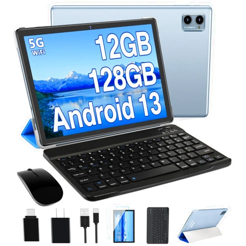 Oangcc Android 13 Tablet 2024 Newest 10 Inch Tablets with 12GB RAM +128GB ROM +1TB Expanded Octa-Core, 2 in 1 Tablet with Keyboard Mouse 5G Wi-Fi Blue/tooth GMS Certified GPS - Blue