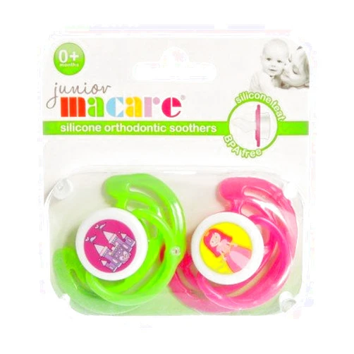 Junior Macare Silicone Orthodontic Soothers 0 months+ (Green/Pink)