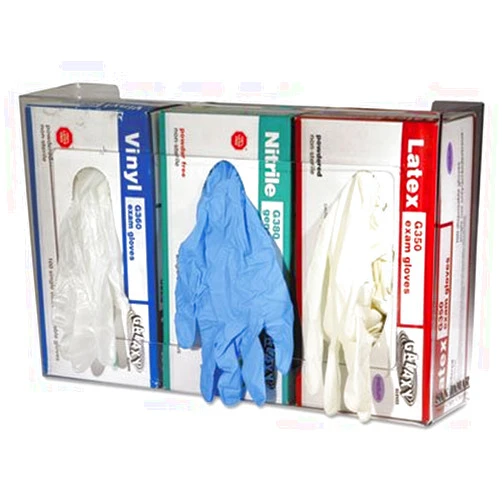 San Jamar Products - San Jamar - Clear Plexiglas Disposable Glove Dispenser, Three-Box, 18w x 3-3/4d x 10h - Sold As 1 Each - Disposable glove dispenser prevents boxes from becoming damaged or contaminated, and keep gloves sanitary and handy for use. - Innovative spring-loaded 