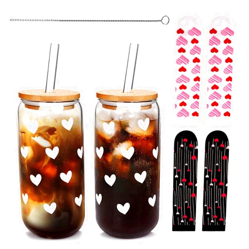 Mason Life Valentine's Day Glass Cups With Lids And Straws,Valentines Day Gifts for Him/Her, 18 OZ Cute Hearts Glass Cups,Socks for Women Men, Couple Socks Gifts with Iced Coffee Cups with Bamboo Lids - 2 Sets
