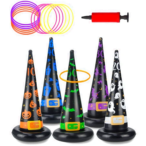 FUNYU Halloween Party Toys Games, Inflatable Witch Hat Ring Toss Game with Points, Plastic Ring Toss, Air Pump Halloween Carnival Indoor Outdoor Game Garden Toys for Kids Adults Family Games Supplies