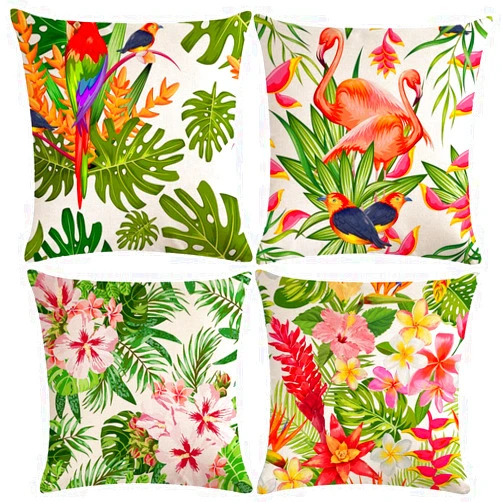 ULOVE LOVE YOURSELF 4pack Tropical Throw Pillow Covers Tropical Leaves&Flowers with Parrot Flamingo Bird Pattern Home Decorative Cushion Covers 18”×18” Pillowcase (Tropical)