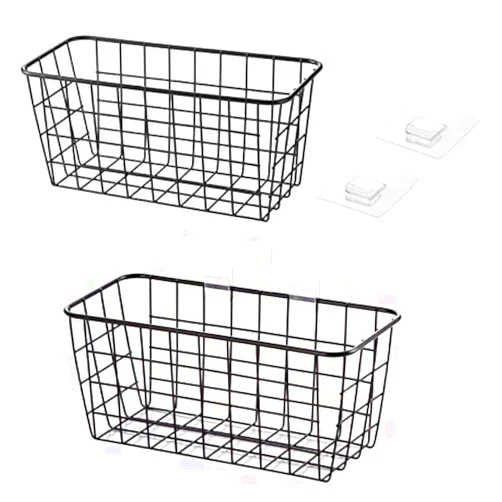Lele No Drilling Wall Hanging Mounted Metal Wire Baskets with Free Wall Hooks, Kitchen Organization and Storage, Hanging Fruit, Set of 2 Black