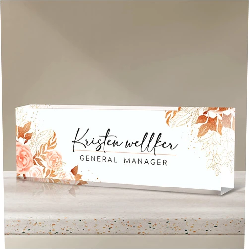 Custom Desk Name Plate Personalized, Premium Pink Golden Hibiscus Flowers Acrylic Desk Name Plate, Personalized Name Plate for Desk, Office Decor for Women or Men Coworkers, Boss, Employee, Teacher