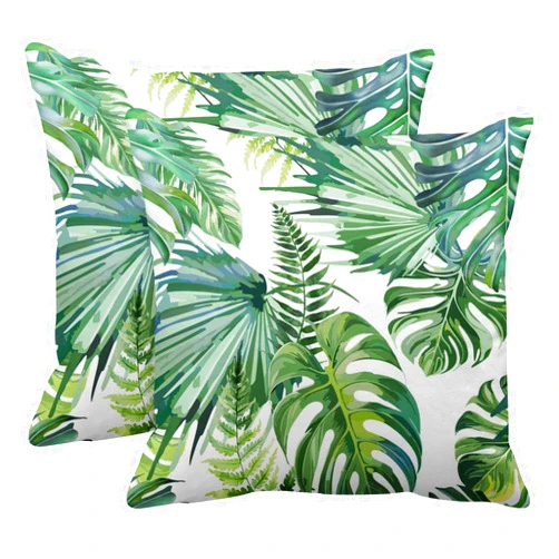 Emvency Set of 2 Throw Pillow Covers Tropical Watercolor Artistic Modern Green Palm Leaf Decorative Pillow Cases Home Decor Standard Square 18x18 Inches Summer White Pillowcases
