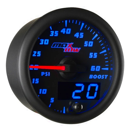MaxTow Double Vision 60 PSI Turbo Boost Gauge Kit - includes Electronic Pressure Sensor - Black Gauge Face - Blue LED Illuminated Dial - Analog & Digital Readouts - for Diesel Trucks - 2-1/16