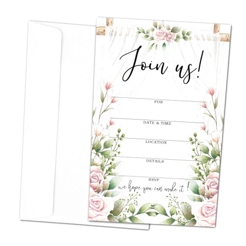ZEDEV Join Us Invitation Cards - Floral Invite Cards for All Occasions, Wedding, Engagement, Reception, Retirement, Bridal or Baby Shower and Birthday Party - 25 Cards and 25 Envelopes - (joinus-015)