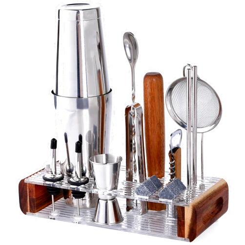 MixMate Mixology Bartender Kit with Stand - 15 Piece Bar Tool Set, Silver Bar Set Cocktail Shaker Set for Drink Mixing - Includes Martini Shaker, Jigger, Strainer, Bar Mixer Spoon, Tongs, Opener | Gift Idea