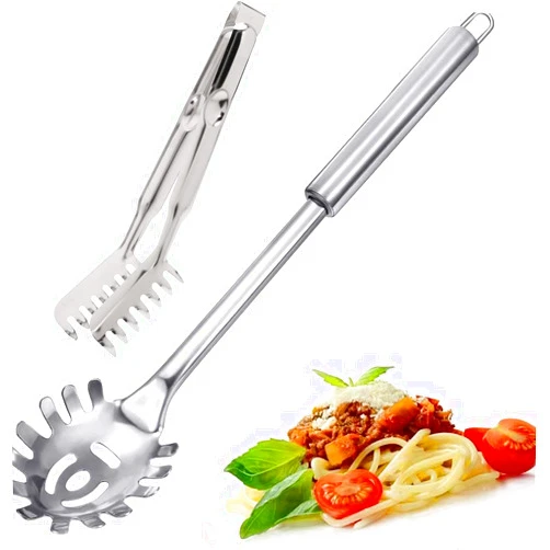 HZXSDEG 2 Pieces Spaghetti Spoon Set, Pasta Fork, Pasta Spoon, Spaghetti Sever, Pasta Tongs, Durable Stainless Steel Pasta Server and Tongs, Heat Resistant, 12 inch