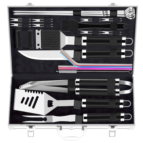 ROMANTICIST 25pcs Extra Thick Stainless Steel Grill Tool Set for Men, Heavy Duty Grilling Accessories Kit for Backyard, BBQ Utensils Gift Set with Spatula,Tongs in Aluminum Case for Birthday Black