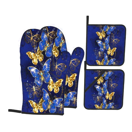 WAWOWA Butterfly Oven Mitts and Potholders BBQ GlovesSets of 4, Oven Mitts and Pot Holders Cooking Gloves for Cooking Baking Grilling