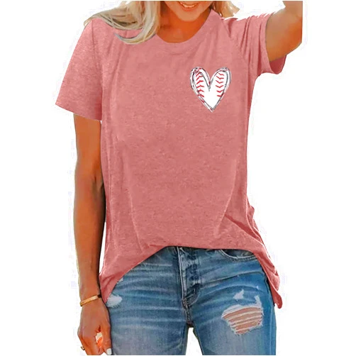 MOUSYA Baseball Mom Shirt Women Heart Baseball Shirt Softball Mom Tee Casual Short Sleeve Tops Deep Blue