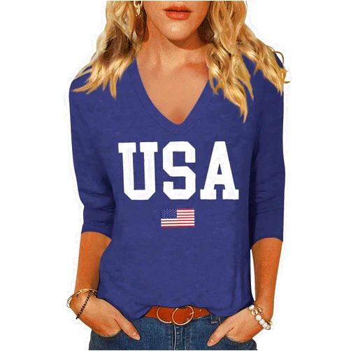 Scgirl Womens 3/4 V Neck Sleeve American Flag Shirts 4th of July Summer Shirts Graphic Tops