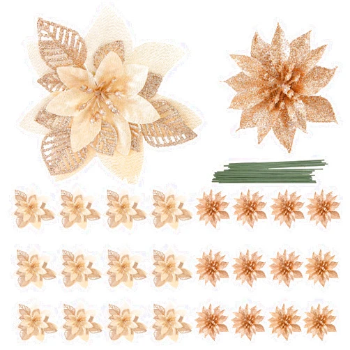 LEHIYIJIA 24Pcs Poinsettia Christmas Flowers Decorations with Stems, 2 Styles Glitter Artificial Poinsettia Christmas Tree Ornaments, for Xmas Tree Wreath Garland Holiday Decor, Champagne Gold