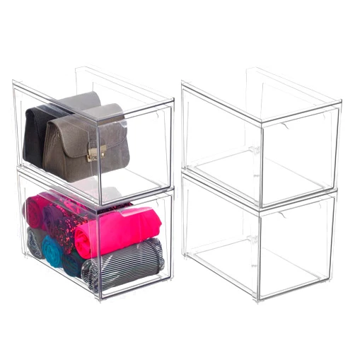 mDesign Plastic Stackable Closet Storage Organizer Bins with Pull Out Drawer for Cabinet, Desk, Shelf, Cupboard, or Dresser Organization - Lumiere Collection - 4 Pack - Clear