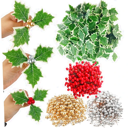 TIHOOD 300PCS Artificial Holly Berries with 100PCS Green Leaves Gold Silver Red Holly Berry Stems with Leaves Artificial Holly Leaves and Berries for Christmas Wreath Arrangement Cake Toppers Craft