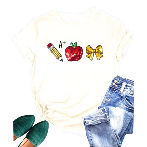 MOUSYA Teacher Shirts for Women Teach Teaching Tshirt Sequin Apple Shirt Back to School Shirt Teacher Life Tee Tops