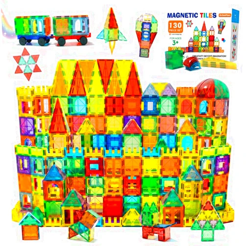 EchoPlan Magnetic Tiles, 130PCS Magnetic Blocks with 2 Cars, Magnet Tiles 3D Clear Building Blocks Set, STEM Sensory Educational Toys Gift for Toddlers Kids Boys 3 4 5 6 7 8 9+ Year Old