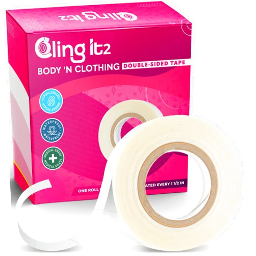 CLING IT2 Double Sided Tape for Clothes, Extra Strength All Day Adhesive Clothing Tape, Versatile Fashion Tape for Fabric, Dress, Cloth, Hemming, No Residue, Gentle on Skin & Body, Transparent Tape.